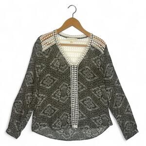Lovestitch Women's Printed Boho Gauze Top S Olive Cream Embroidered Long Sleeve
